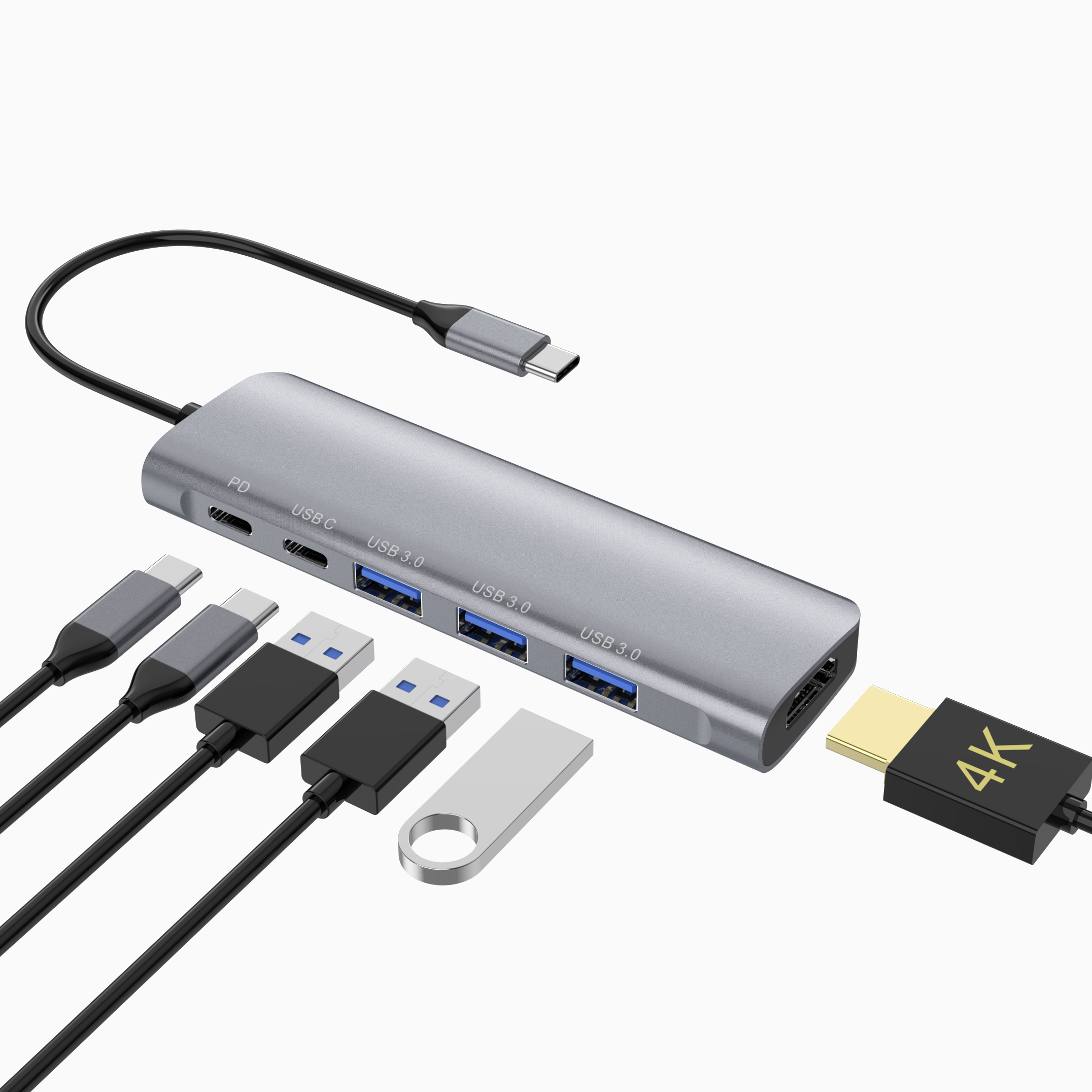 6 合 1 USB C 集線器，帶 HDMI 4K30HZ + PD 100W + C 型數據 + 3 x USB A 3.0 供電多端口適配器擴展塢，適用於筆記本電腦 MacBook