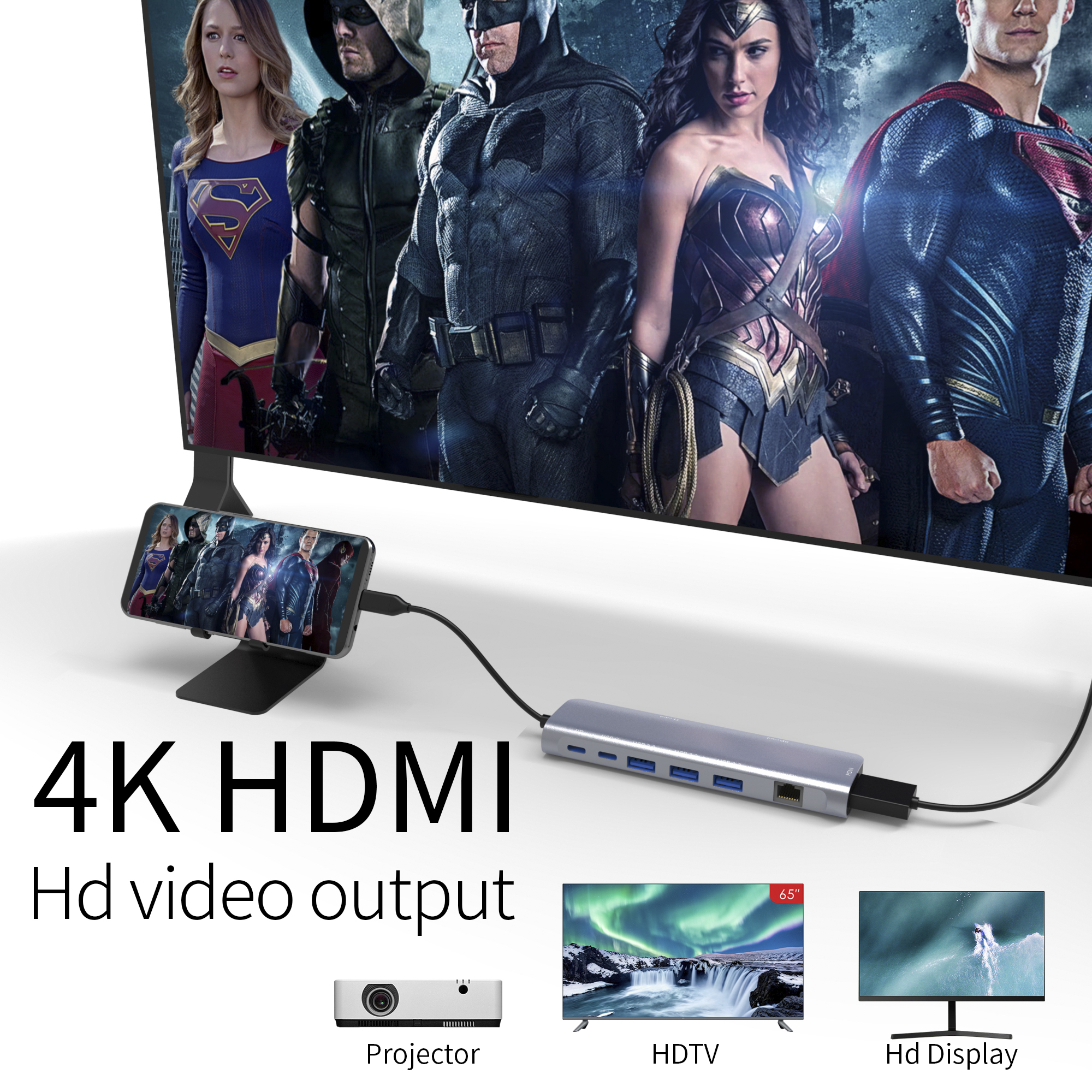 9-IN-1-USB-C-HUB mit HDMI 4K30 Hz + PD 100 W + Typ-C-Daten + 3 x USB A 3.0 + RJ45 1000 Mbit/s + SD + TF-Kartenleser-Steckplatz, Power-Lade-Multiport-Adapter, Dockingstation f&uuml;r Laptop