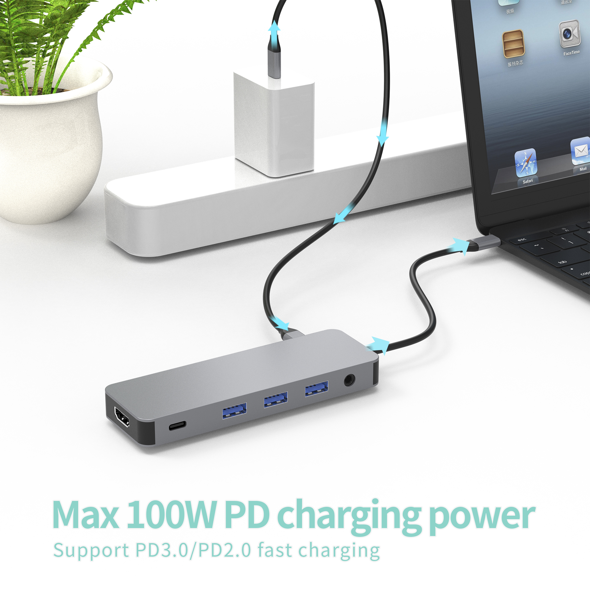 12 合 1 USB C 集線器，帶 2 x HDMI 4K 60HZ + DP + PD 100W + Type C 數據 + 3 x USB A 3.0 + RJ45 1000Mbps + 3.5mm 音頻/麥克風 + SD + TF 讀卡器多端口擴展塢