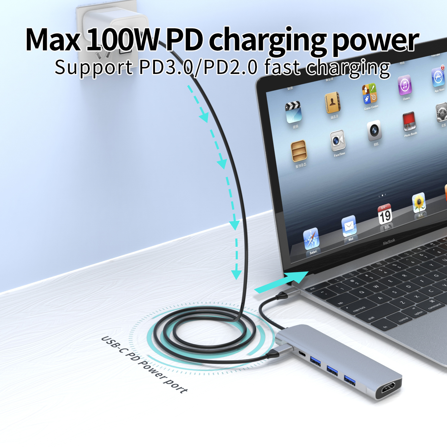 6 合 1 USB C 集線器，帶 HDMI 4K30HZ + PD 100W + C 型數據 + 3 x USB A 3.0 供電多端口適配器擴展塢，適用於筆記本電腦 MacBook