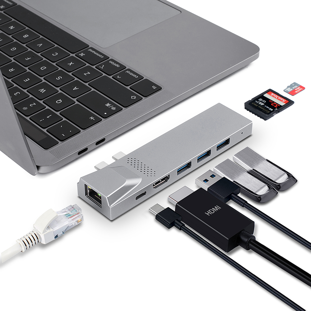 HUB USB C 8 EM 2 com HDMI + Thunderbolt 3 + Ethernet 1000 Mbps + 3 x USB A 3.0 + SD + slot para leitor de cart&atilde;o de mem&oacute;ria TF esta&ccedil;&atilde;o de acoplamento para adaptador multiportas