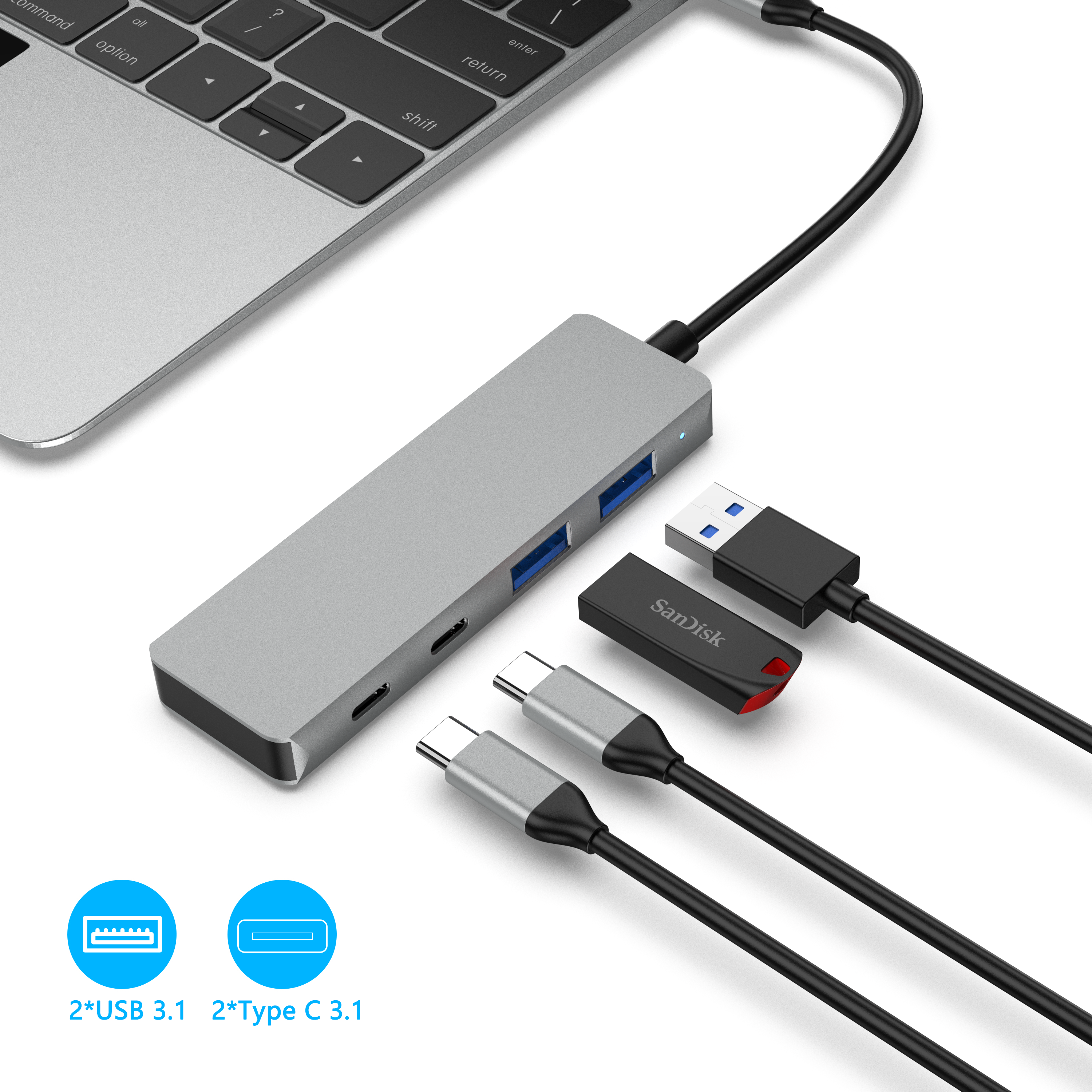 4 V 1 USB C HUB tip c priključek na 2xUSB A 3.1+2xTypce C 3.1 10Gbps 4-portna priklopna postaja za prenos podatkov za prenosnik