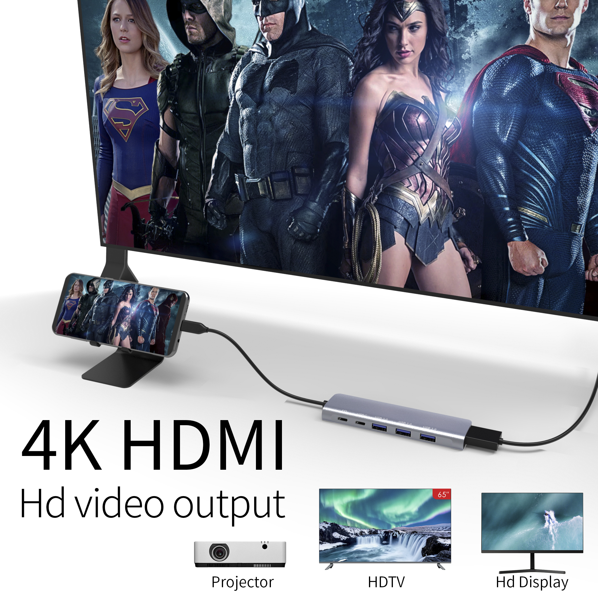 6 合 1 USB C 集線器，帶 HDMI 4K30HZ + PD 100W + C 型數據 + 3 x USB A 3.0 供電多端口適配器擴展塢，適用於筆記本電腦 MacBook