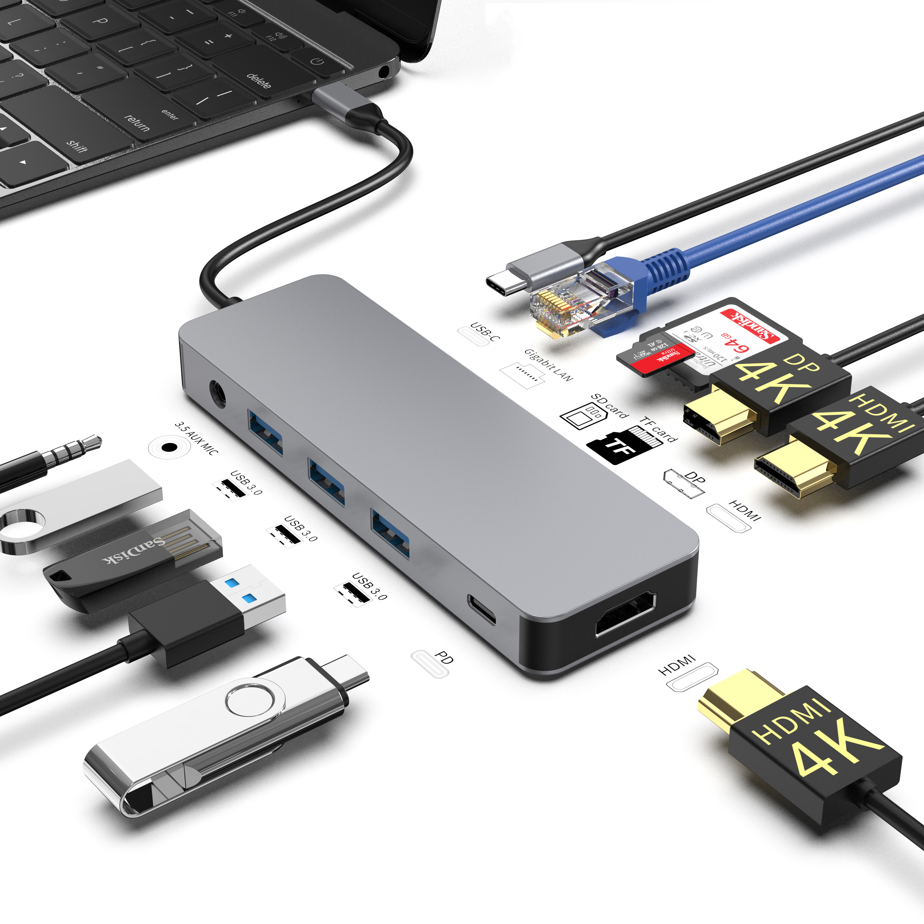 12 合 1 USB C 集線器，帶 2 x HDMI 4K 60HZ + DP + PD 100W + Type C 數據 + 3 x USB A 3.0 + RJ45 1000Mbps + 3.5mm 音頻/麥克風 + SD + TF 讀卡器多端口擴展塢