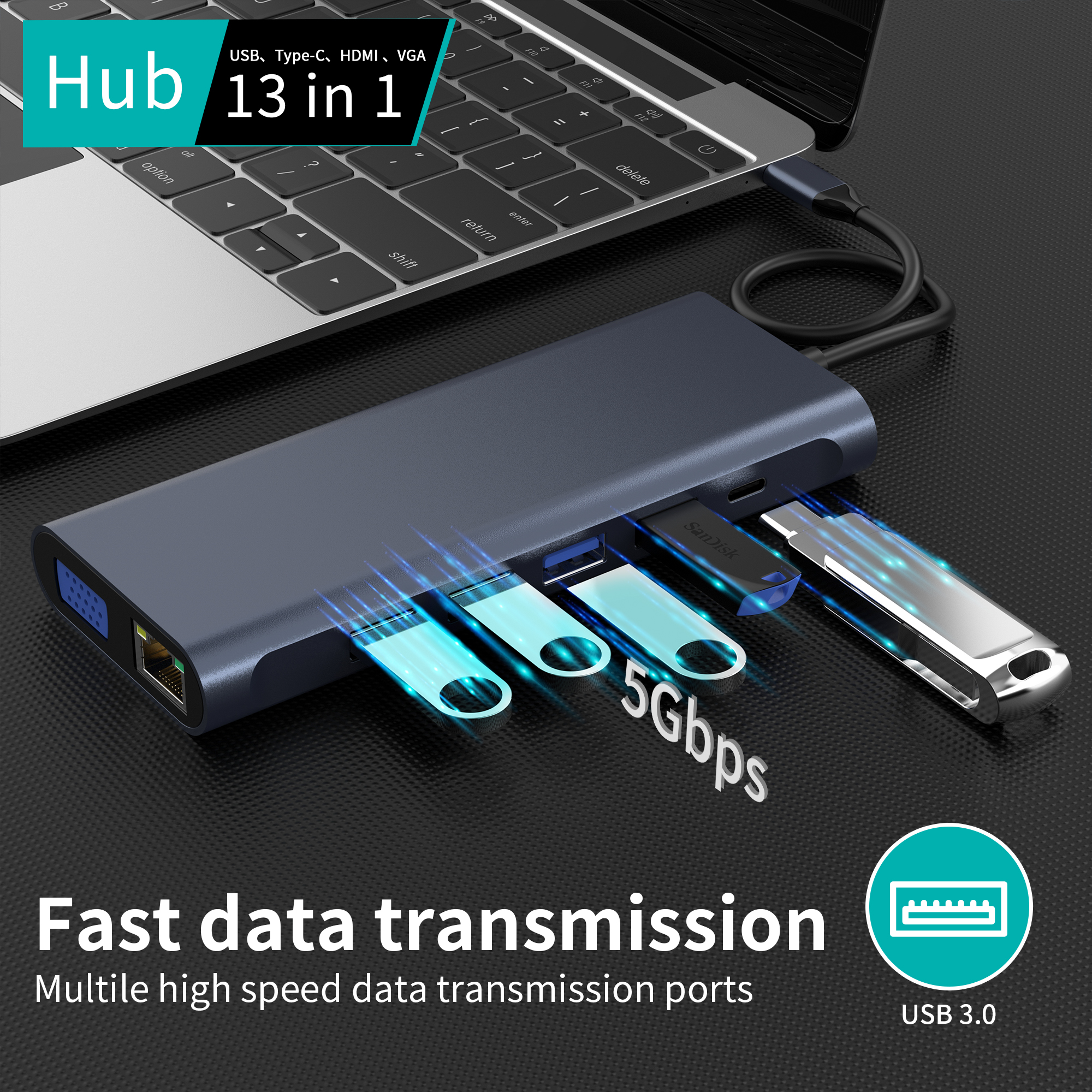 13 IN 1 usb c हब्स् 2 x HDMI 4K + DP + PD 100W + प्रकार C Data + 3 x USB A 3.0 + USB A 2.0+ RJ45 1000Mbps + 3.5mm ऑडियो + SD + TF कार्ड रीडर बहु ​​पोर्ट डॉकिंग स्टेशन सह