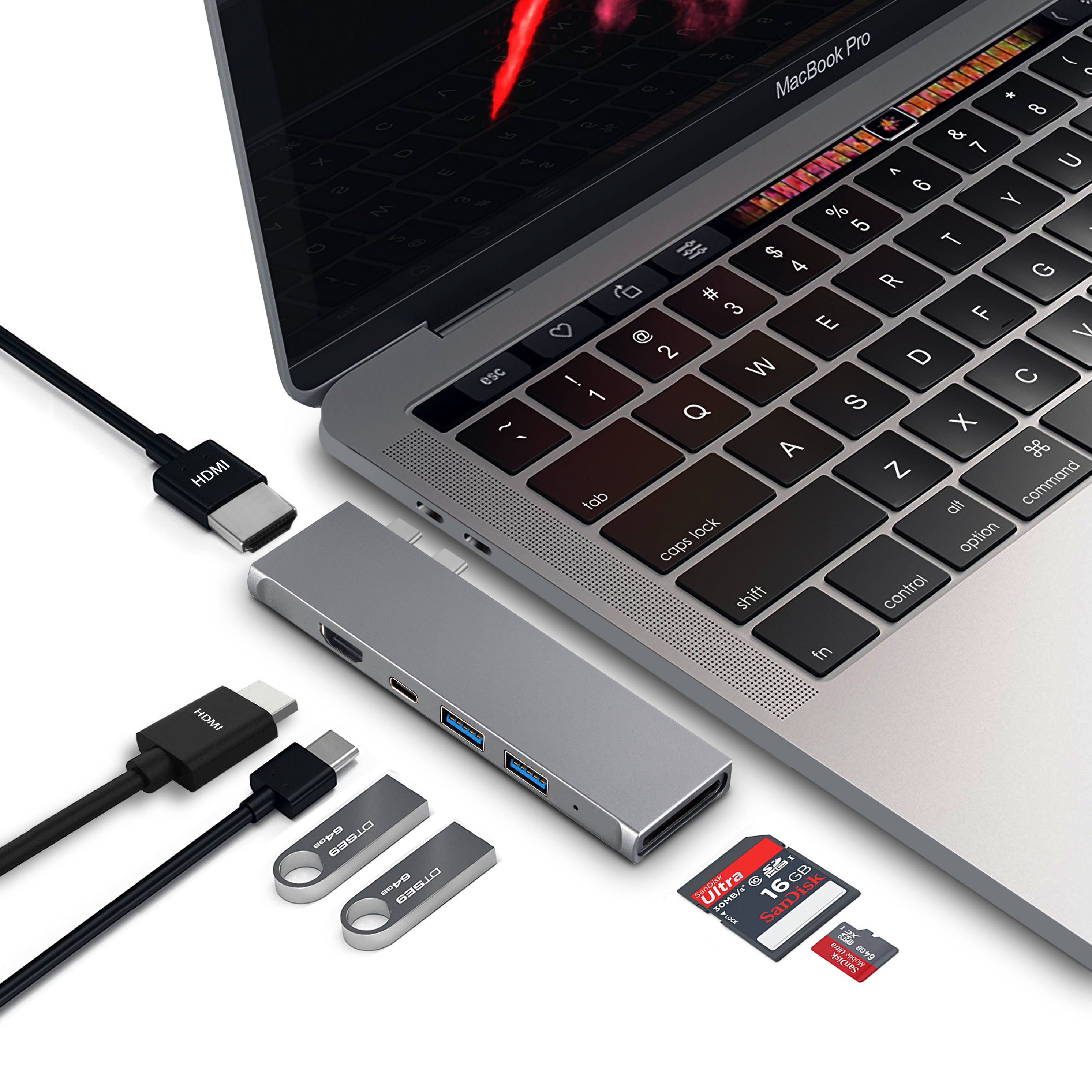 7 IN 2 USB C HUB me&eth; 2 x HDMI 4K30HZ + PD 100W + 2 x USB A 3.1 + SD + TF minniskortalesara rauf aflgjafa multi port millistykki tengikv&iacute; fyrir fart&ouml;lvu macbook
