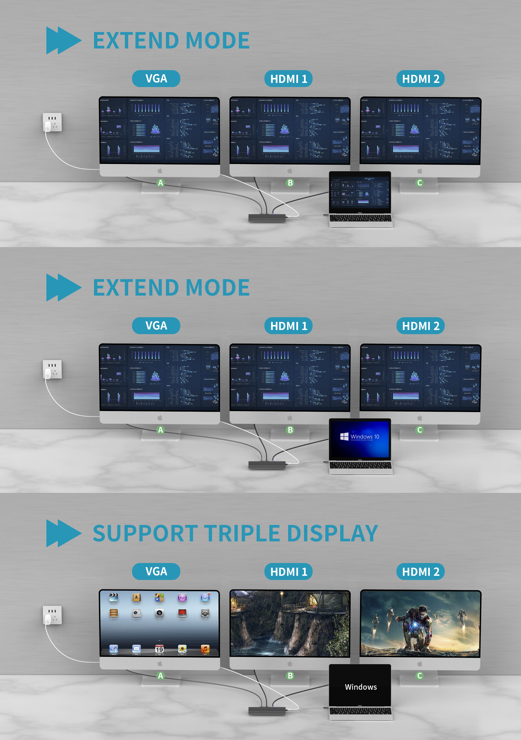 11 合 1 USB C 集線器，帶 2 x HDMI 4K 30HZ+ VGA + Type C PD 100W 數據 + RJ45 + 3 x USB A 3.0 + 3.5mm 音頻/麥克風 + SD + TF 讀卡器多端口擴展塢，適用於筆記本電腦/手機