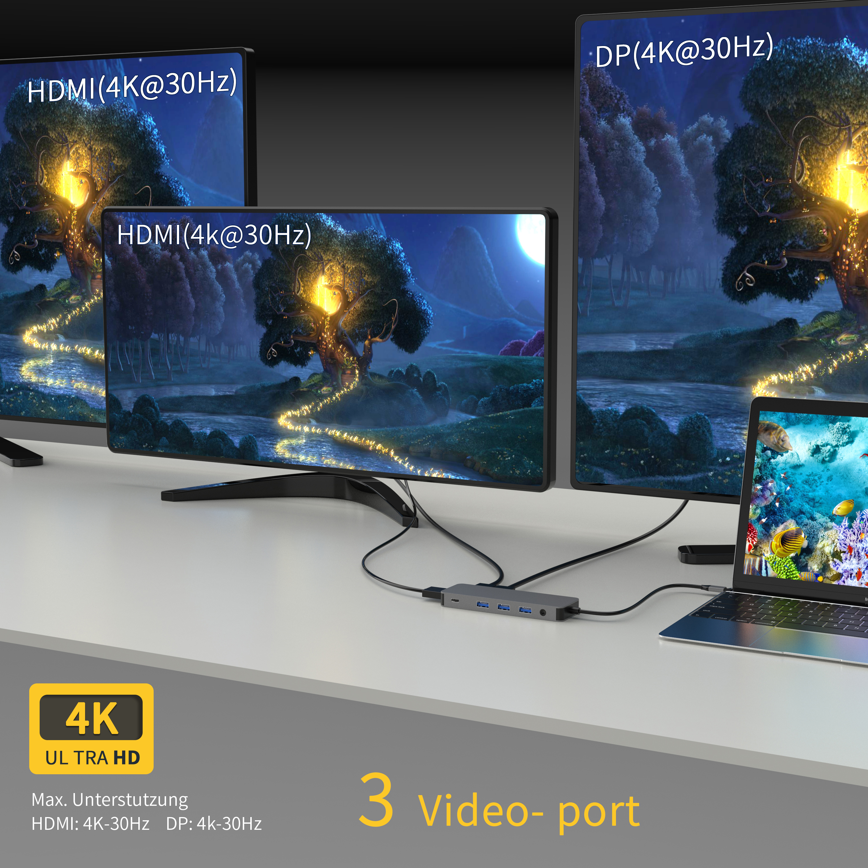 12 合 1 USB C 集線器，帶 2 x HDMI 4K 60HZ + DP + PD 100W + Type C 數據 + 3 x USB A 3.0 + RJ45 1000Mbps + 3.5mm 音頻/麥克風 + SD + TF 讀卡器多端口擴展塢