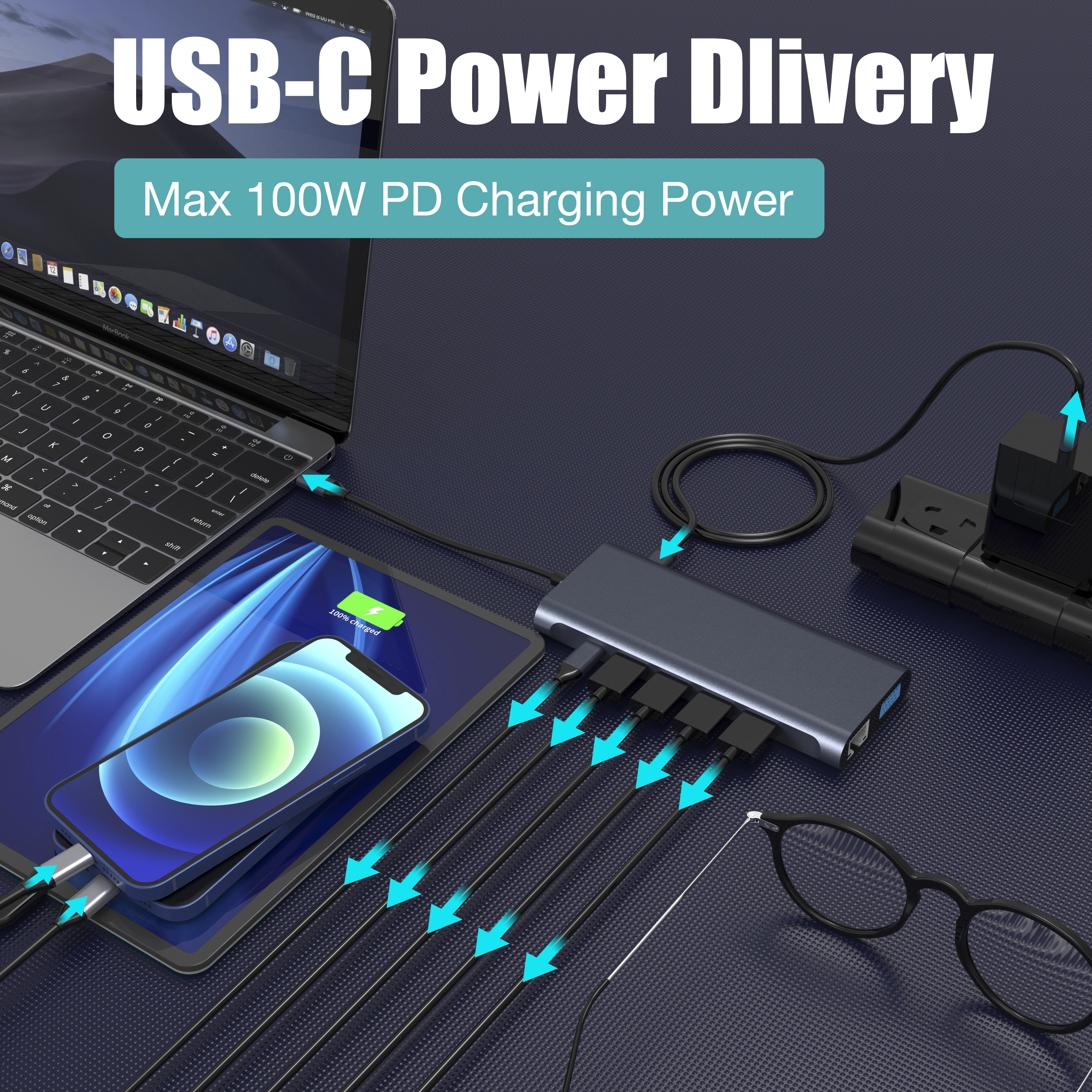 13 IN 1 usb c हब्स् 2 x HDMI 4K + DP + PD 100W + प्रकार C Data + 3 x USB A 3.0 + USB A 2.0+ RJ45 1000Mbps + 3.5mm ऑडियो + SD + TF कार्ड रीडर बहु ​​पोर्ट डॉकिंग स्टेशन सह