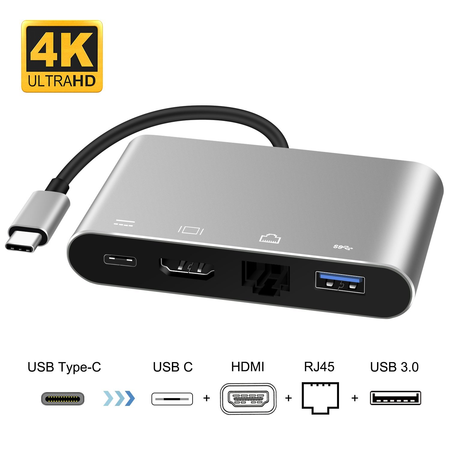 4 合 1 USB C 集線器，帶 HDMI 4K + TYPE C PD 100W 數據 + USB A 3.0 + RJ45 1000Mbps 多端口適配器擴展塢，適用於筆記本電腦
