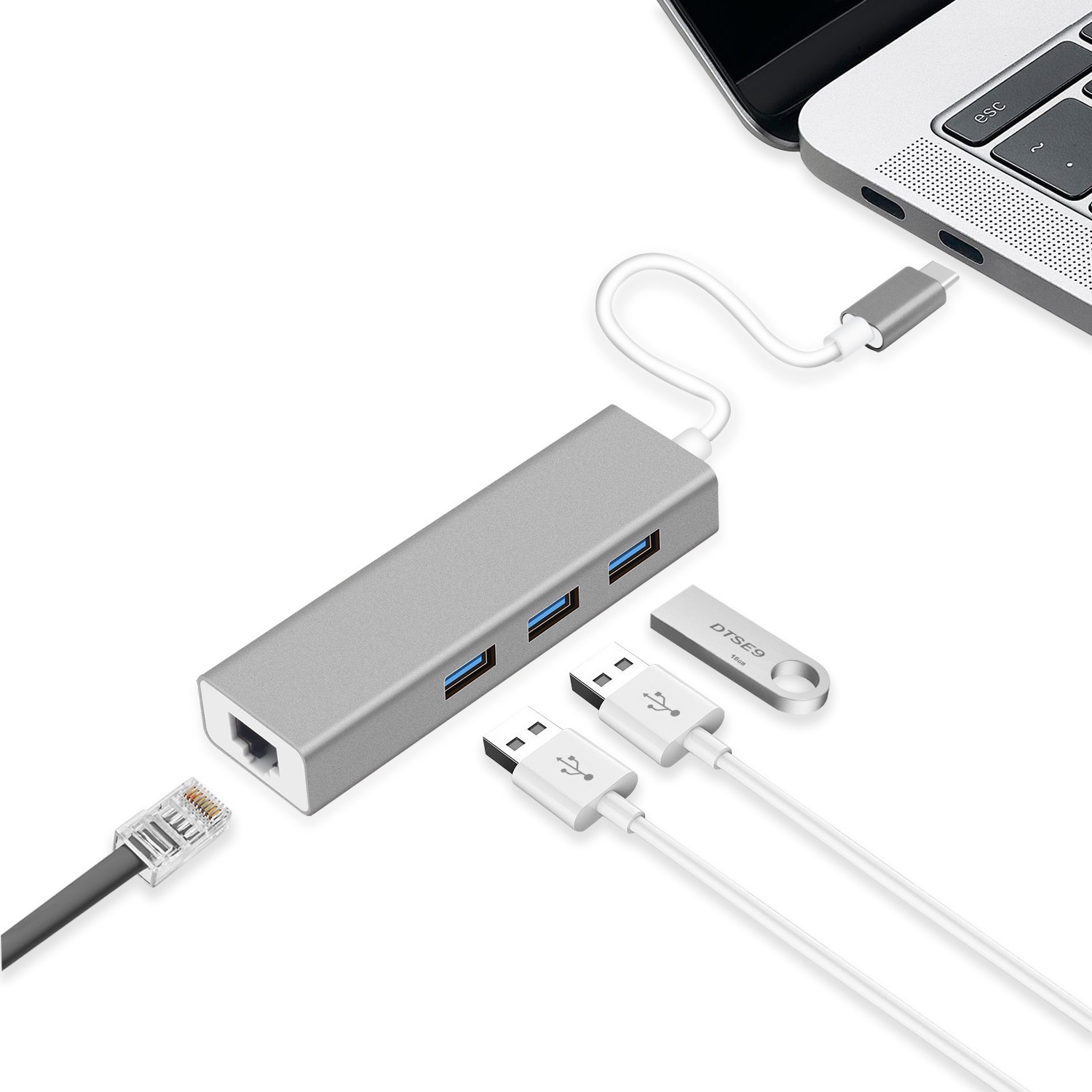 4 IN 1 USB HUB USB-A-stekker naar 3xUSB-A 3.0+Gigabit RJ45 1000Mbps poort dockingstation met ethernet voor laptop