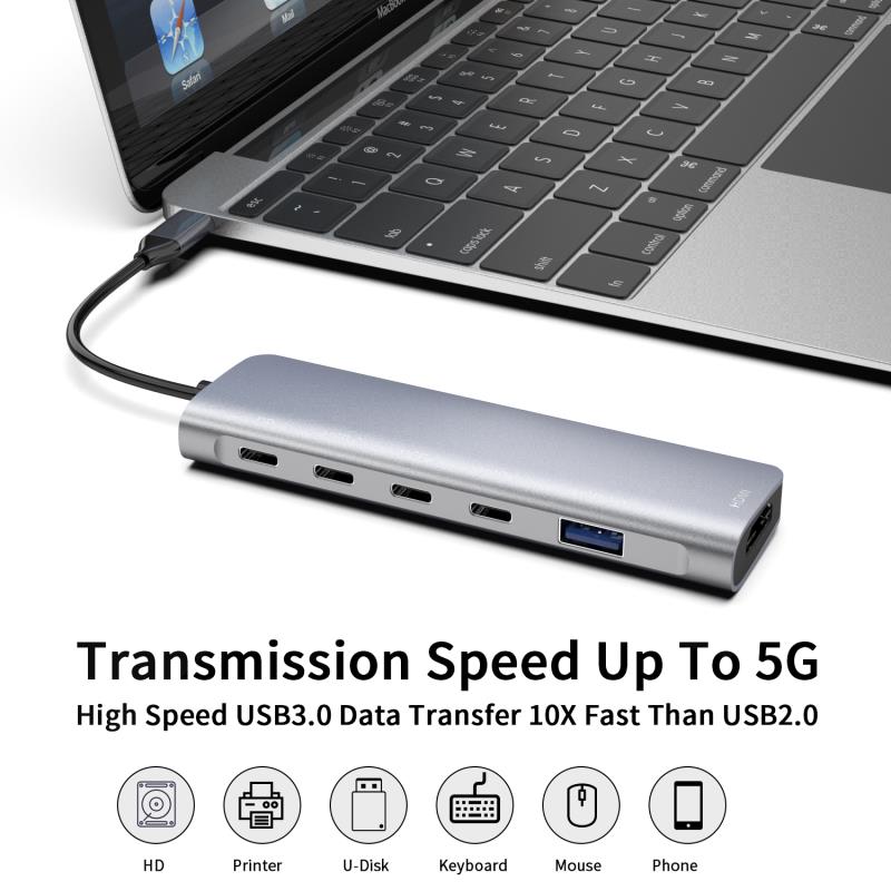 6 合 1 USB C 集線器，帶 PD 100W + 3 x C 型數據 + HDMI 4K30HZ + USB A 3.0 供電多端口適配器擴展塢，適用於筆記本電腦 MacBook
