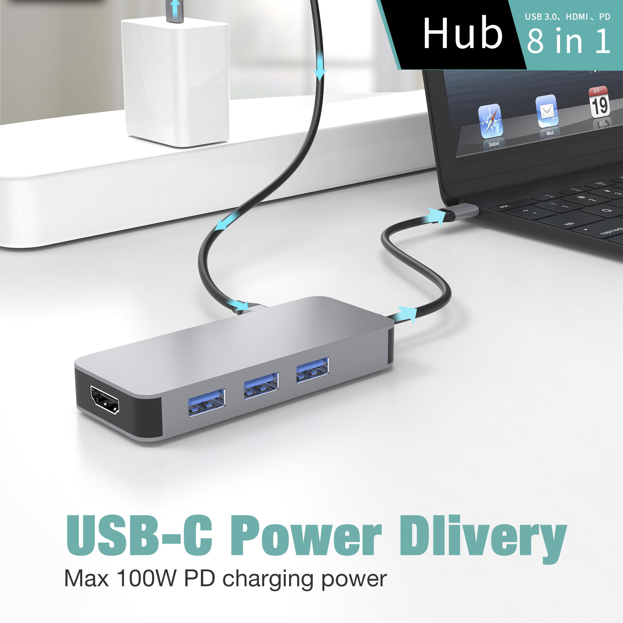8 IN 1 usb c hub TYPE-C to HDMI 4K@60HZ+PD100W+Gigabit RJ45 1000Mbps+3 * USB-A 3.1 10Gbps+SD+TF зөөврийн компьютер/утсанд зориулсан олон үйлдэлт залгах станц