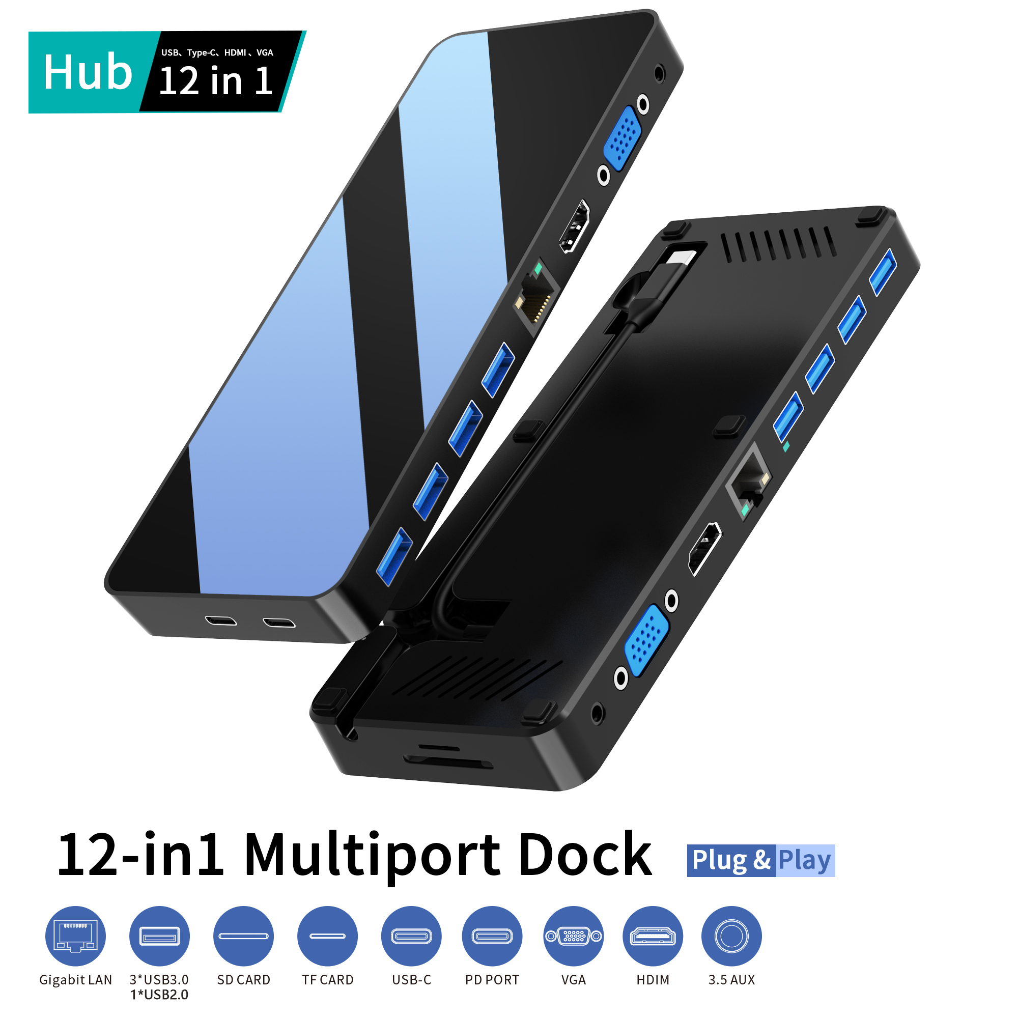 កញ្ចក់មុខ 12 port usb c hub ជាមួយ 2HDMI 4K + VGA + PD 100W + Type C Data + 3xUSB A 3.0 + USB A 2.0 + RJ45 1000Mbps + 3.5mm Audio + SD + TF card slot 12 in 1 multiport dock