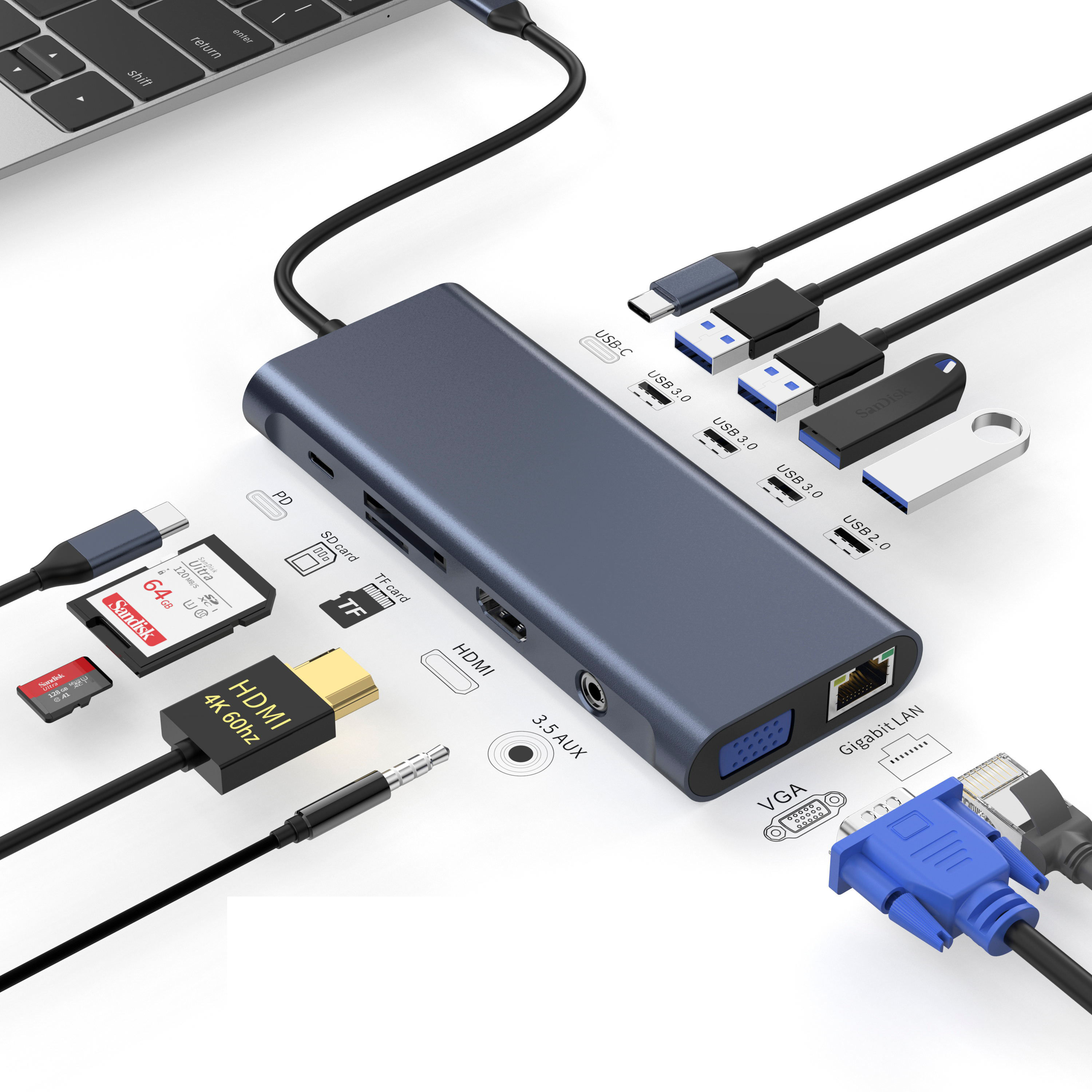 12 合 1 USB C 集線器，帶 HDMI 4K 60HZ + DP + PD 100W + Type C 數據 + 3 x USB A 3.0 + USB A 2.0+ RJ45 1000Mbps + 3.5mm 音頻 + SD + TF 讀卡器多端口擴展塢