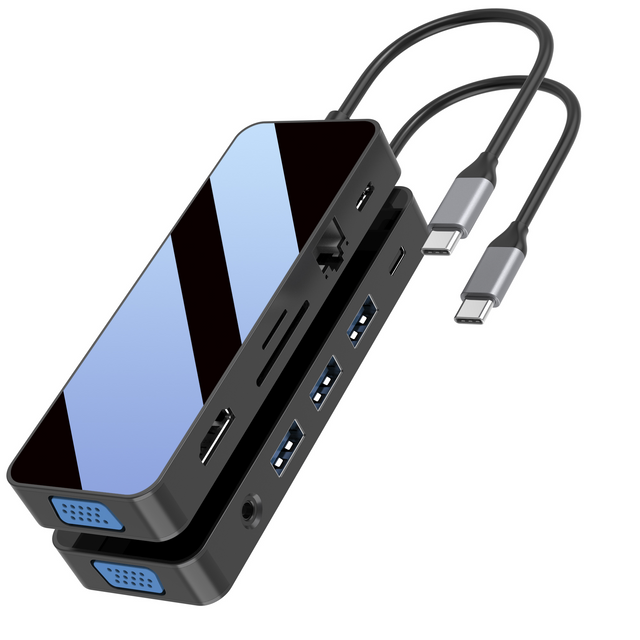 鏡面 11 合 1 USB C 集線器，帶 HDMI + VGA + PD + Type C Data + 3xUSB A 3.0 + RJ45 1000Mbps + 3.5mm AUX + SD + TF 讀卡器多端口擴展塢，適用於筆記本電腦/電腦