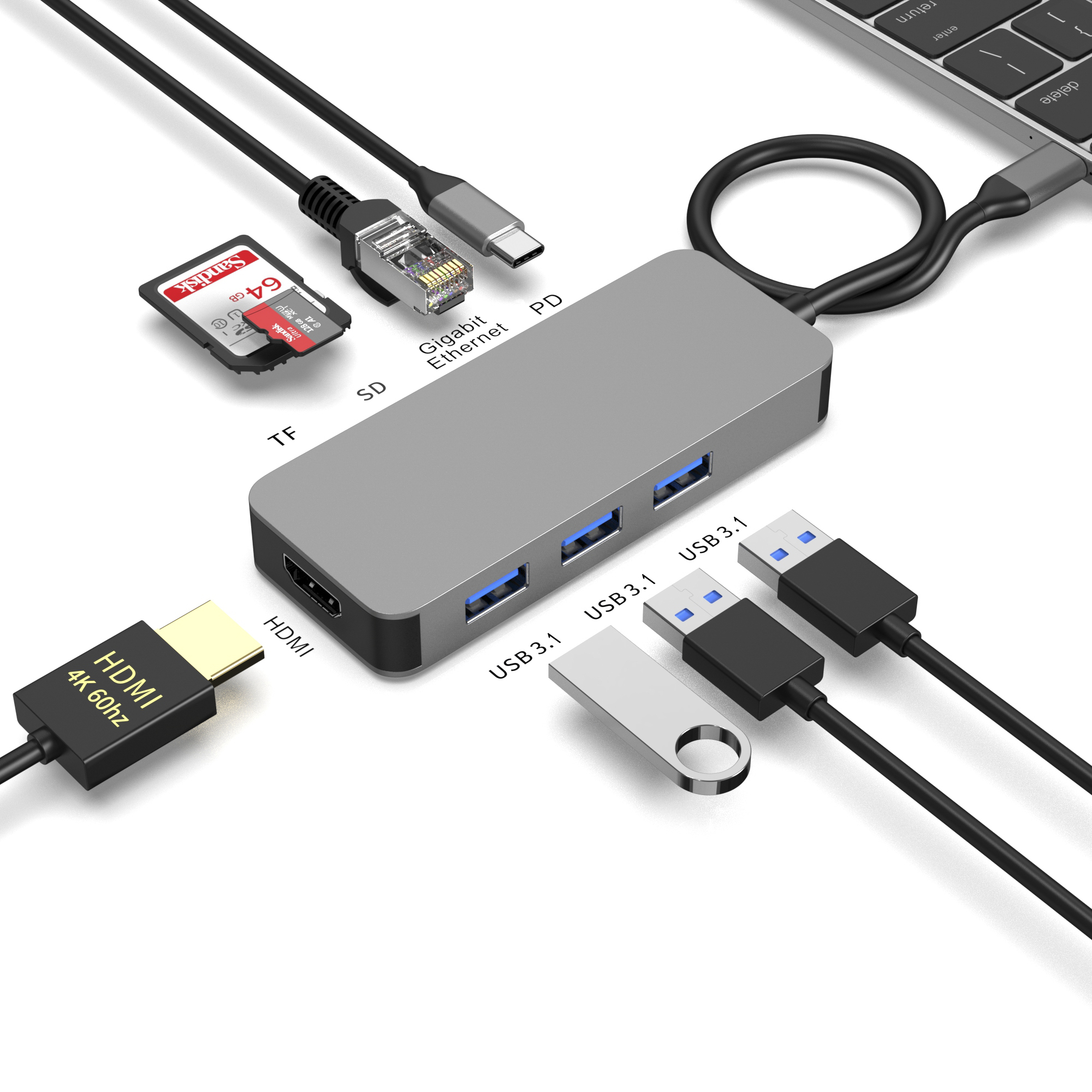 8 IN 1 usb c hub TYPE-C to HDMI 4K@60HZ+PD100W+Gigabit RJ45 1000Mbps+3 * USB-A 3.1 10Gbps+SD+TF зөөврийн компьютер/утсанд зориулсан олон үйлдэлт залгах станц