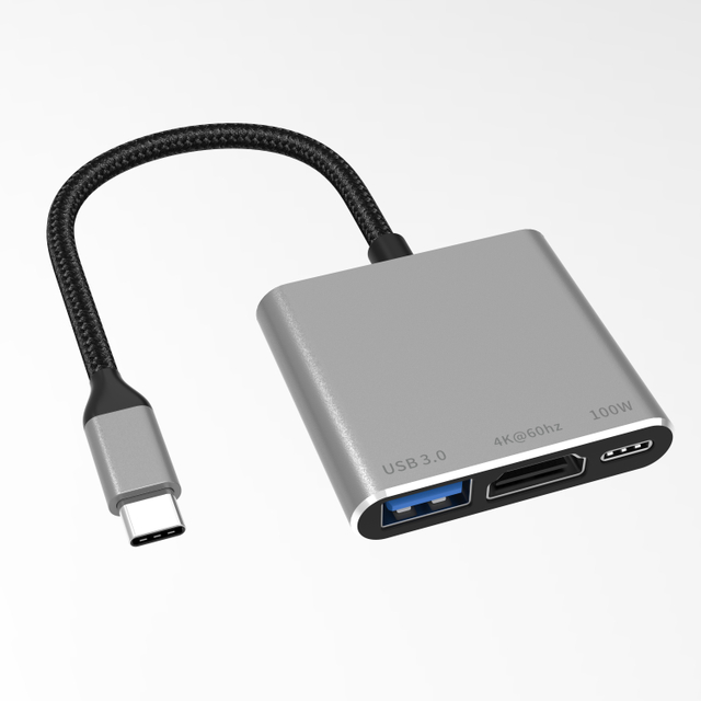 3 合 1 USB C HUB type c 插頭轉 HDMI 4K@60HZ+PD 100W+USB-A 3.0 擴展塢，適用於筆記本電腦/手機