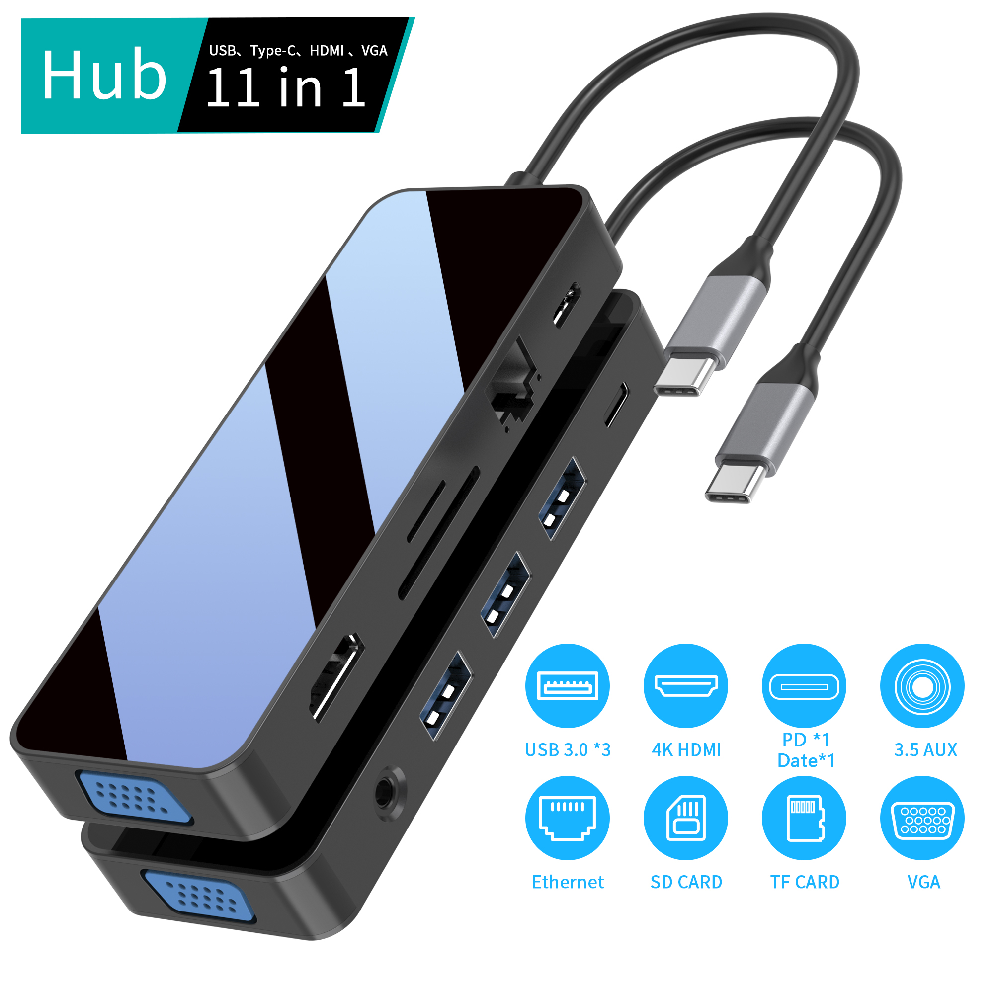 T&uuml;k&ouml;rlap 11 IN 1 usb c hub HDMI + VGA + PD + Type C adat + 3xUSB A 3.0 + RJ45 1000Mbps + 3.5mm AUX + SD + TF k&aacute;rtyaolvas&oacute; t&ouml;bb portos dokkol&oacute; &aacute;llom&aacute;s laptophoz/pc-hez