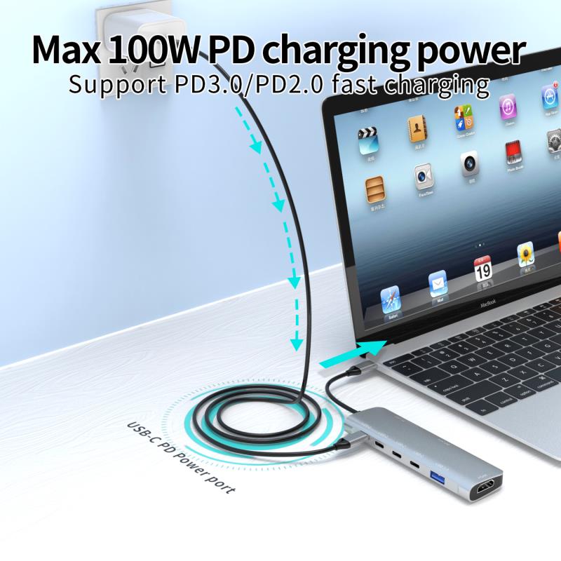 6 合 1 USB C 集線器，帶 PD 100W + 3 x C 型數據 + HDMI 4K30HZ + USB A 3.0 供電多端口適配器擴展塢，適用於筆記本電腦 MacBook