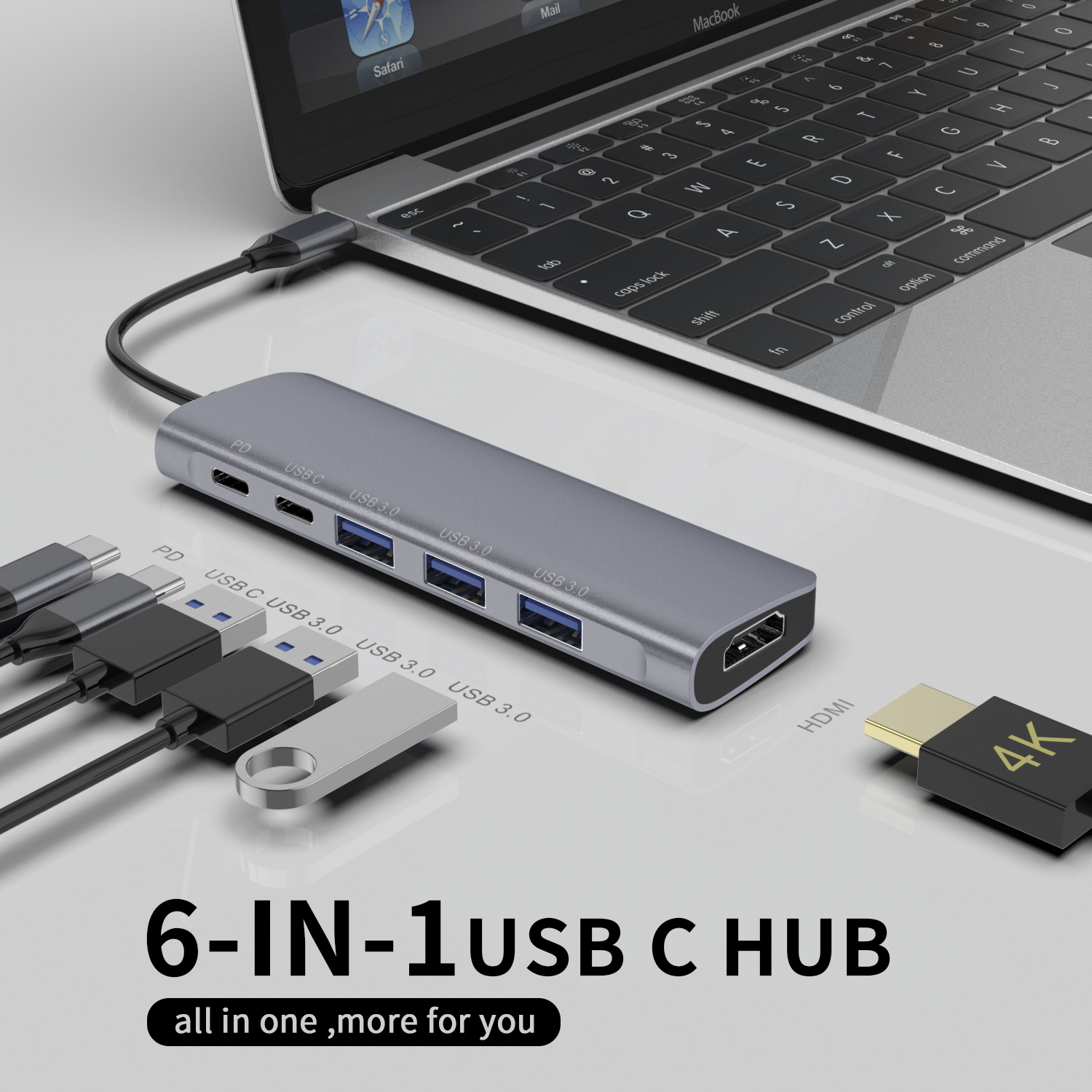 6 合 1 USB C 集線器，帶 HDMI 4K30HZ + PD 100W + C 型數據 + 3 x USB A 3.0 供電多端口適配器擴展塢，適用於筆記本電腦 MacBook