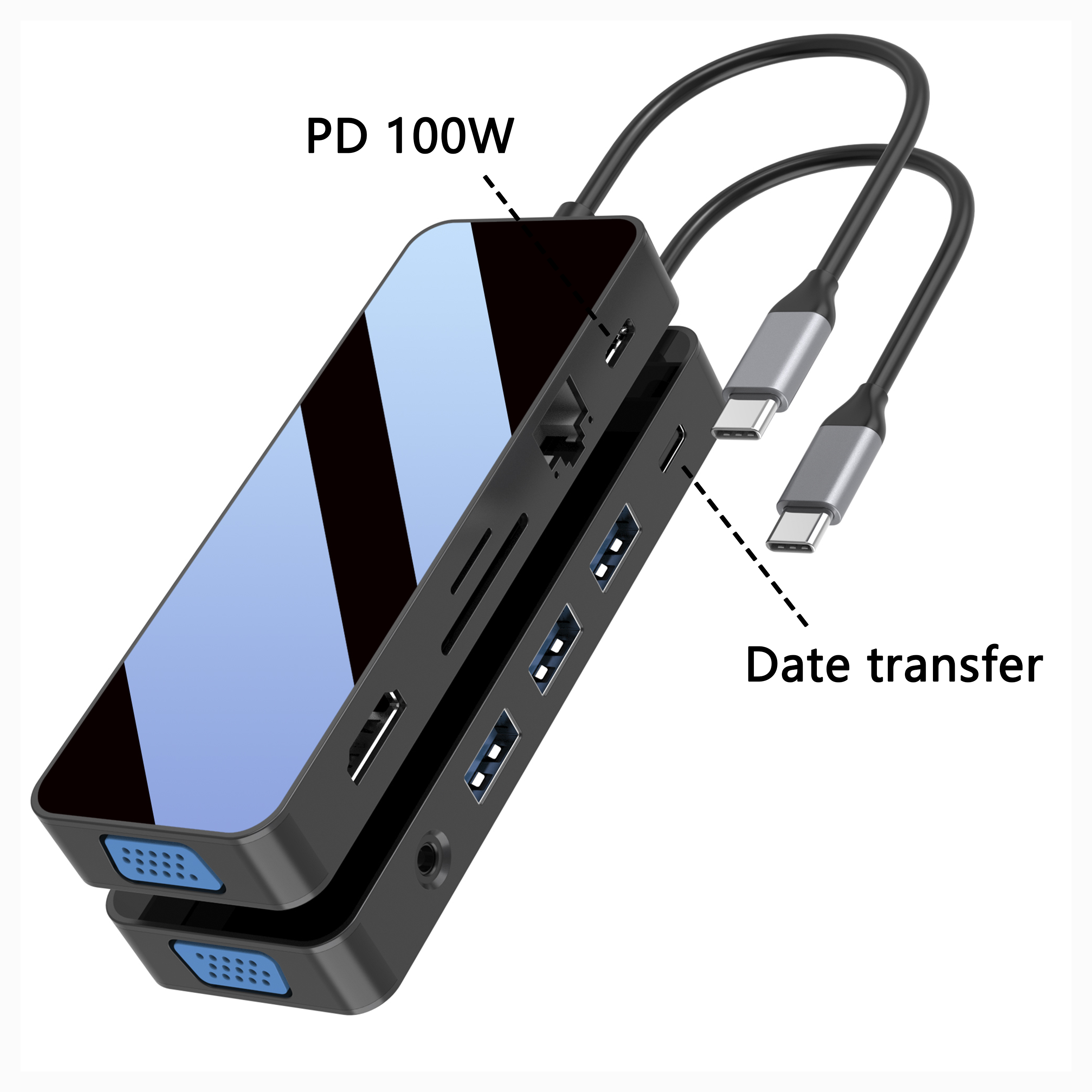 T&uuml;k&ouml;rlap 11 IN 1 usb c hub HDMI + VGA + PD + Type C adat + 3xUSB A 3.0 + RJ45 1000Mbps + 3.5mm AUX + SD + TF k&aacute;rtyaolvas&oacute; t&ouml;bb portos dokkol&oacute; &aacute;llom&aacute;s laptophoz/pc-hez