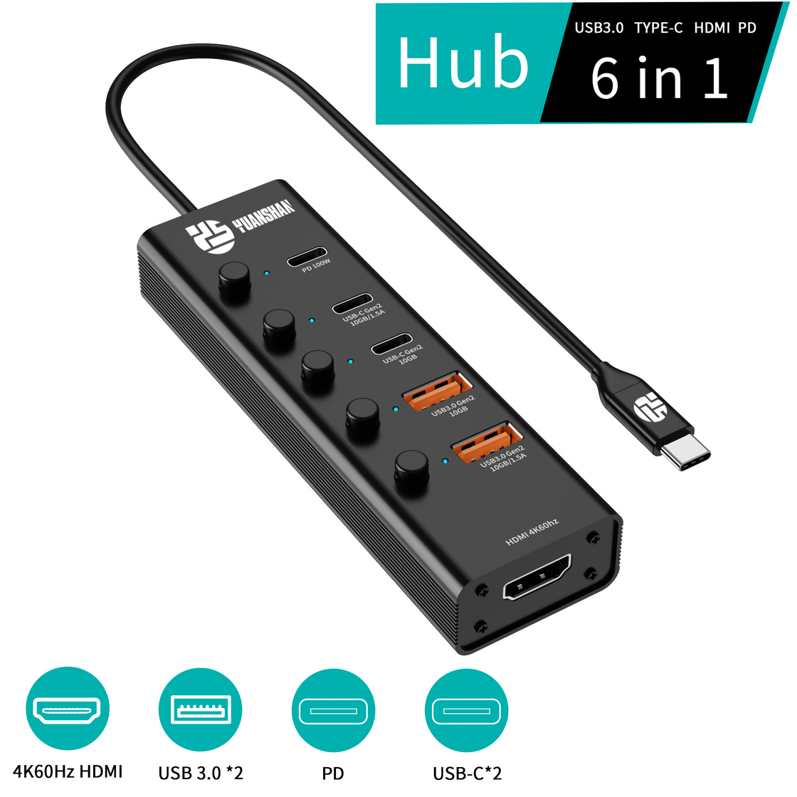6 合 1 USB 3.1 Type c 3.1 10Gbps 高清 4K60HZ 快速充電 PD 100W 多功能 USB C 集線器筆記本電腦分路器適配器擴展塢