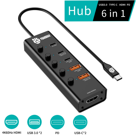 6-in-1 USB-C-keskitinsovitin — USB 3.1 Gen 2 10Gbps, 4K@60Hz HDMI, 100W PD-pikalataus, kannettavan tietokoneen telakointiasema