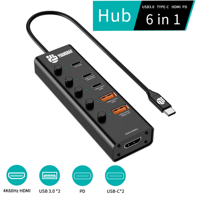 6 合 1 USB 3.1 Type c 3.1 10Gbps 高清 4K60HZ 快速充電 PD 100W 多功能 USB C 集線器筆記本電腦分路器適配器擴展塢