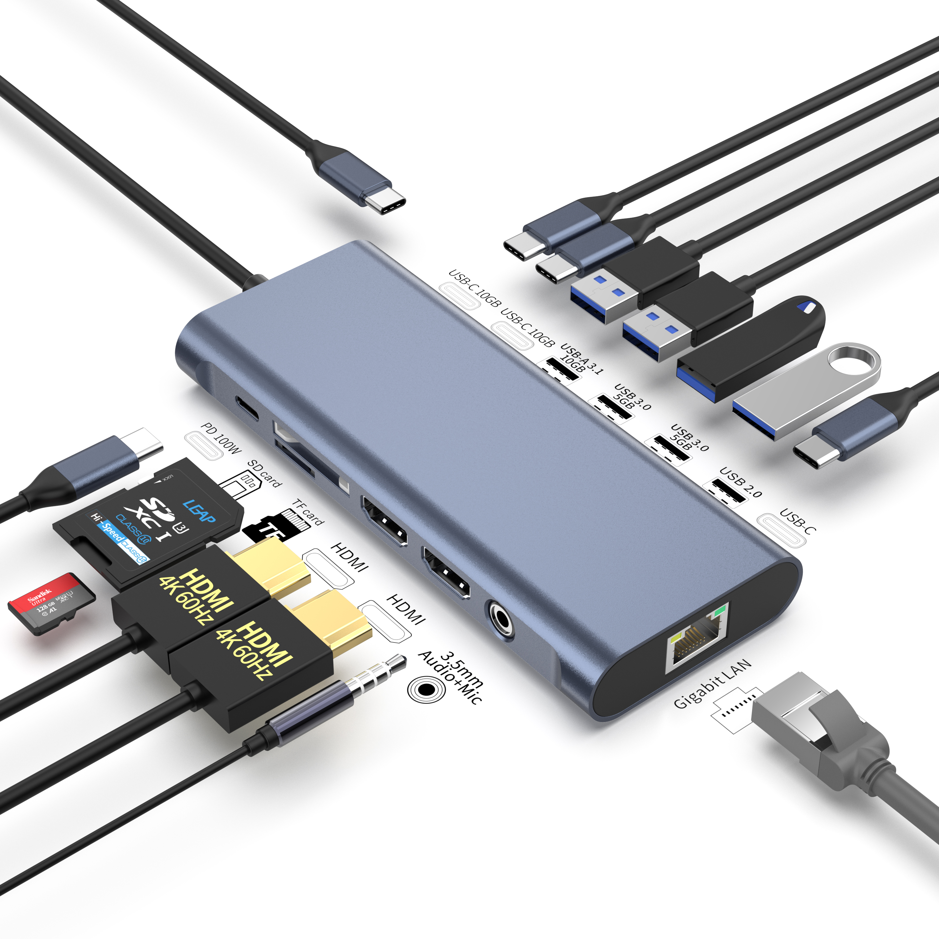 Dokovac&iacute; stanice 14 V 1 4K60HZ Dual HDMI RJ45 USB-A 3.1 3.0 2.0 multifunkčn&iacute; Nab&iacute;jen&iacute;+Přenos dat+Videov&yacute;stup+Čtec&iacute; karta+S&iacute;ť+Call Funkce USB C HUB dokovac&iacute; stanice pro notebook/Macbook