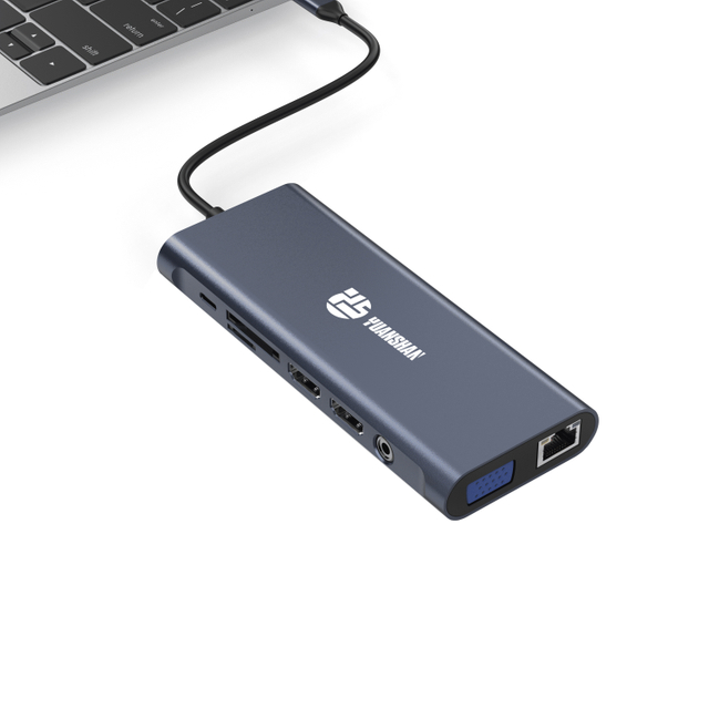 13 IN 1 usb-hubs med 2 x HDMI 4K + DP + PD 100W + Type C Data + 3 x USB A 3.0 + USB A 2.0+ RJ45 1000 Mbps + 3,5 mm Audio + SD + TF-kortl&aelig;ser multiport dockingstation
