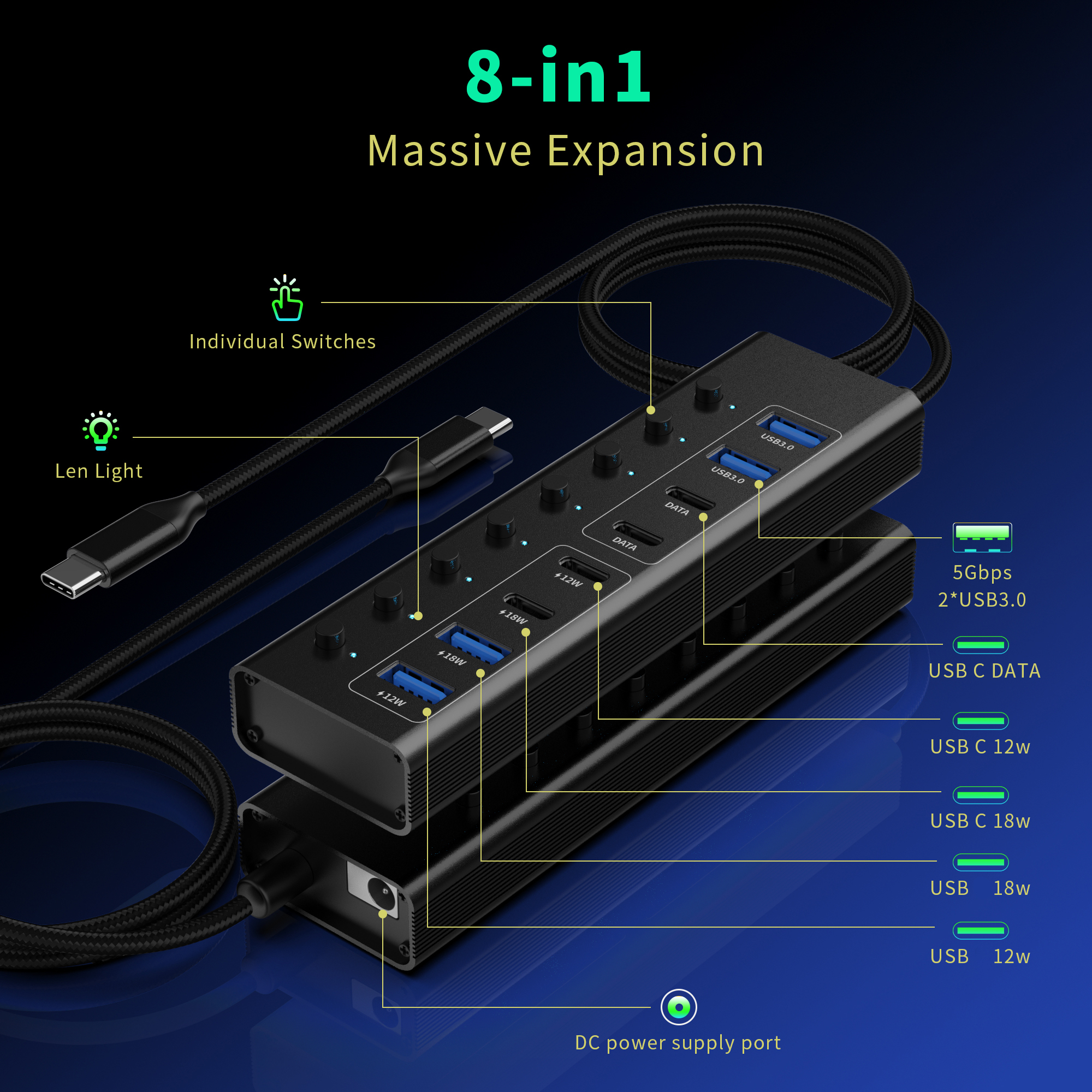 Hub caricabatterie USB a 8 porte da 100 W per desktop | Carica 6 dispositivi contemporaneamente