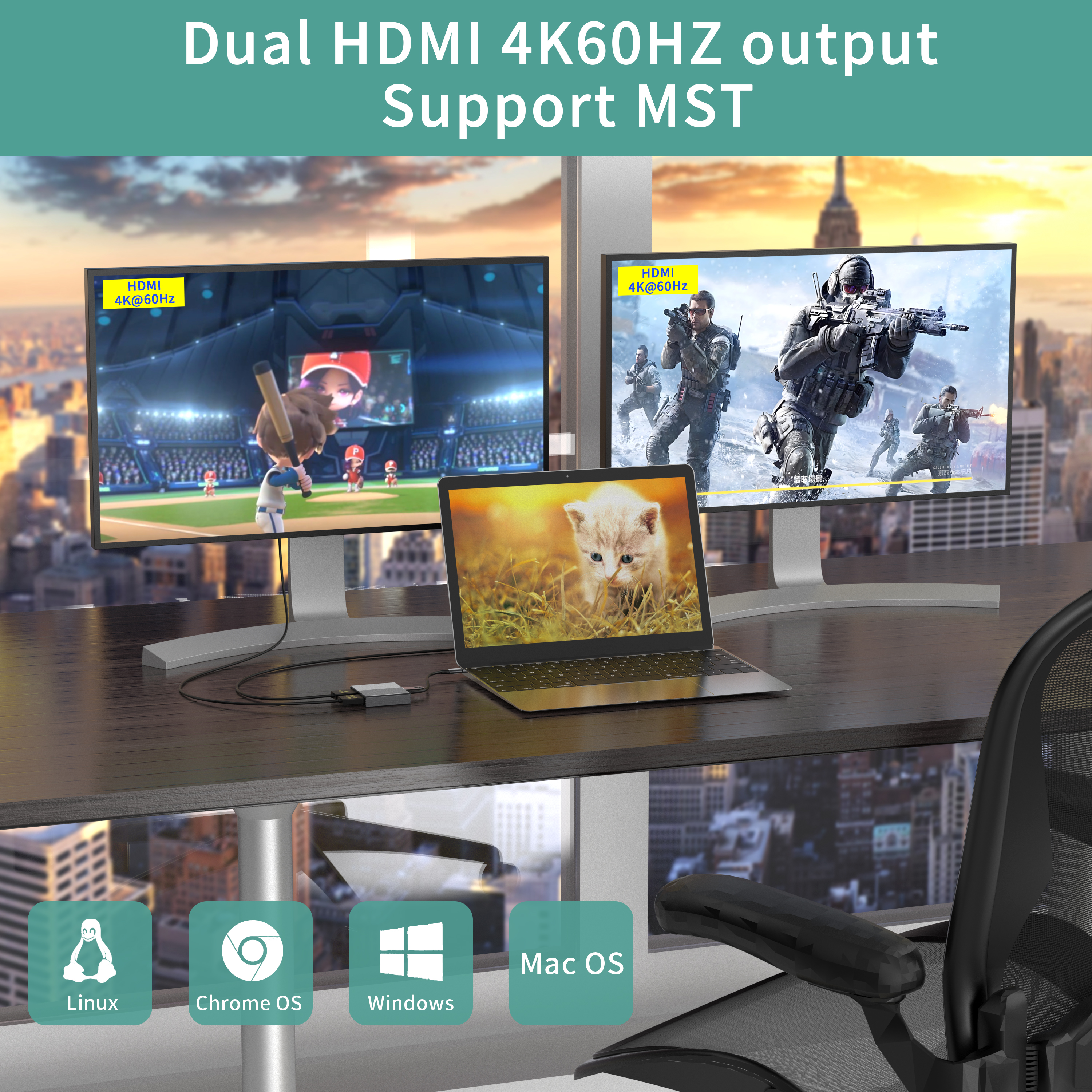 4 ΣΕ 1 Τύπος C έως 2 x HDMI 4K60HZ USB3.0 PD 100W USB C HUB Διαχωριστής προσαρμογέα HDMI για φορητό υπολογιστή/Macbook