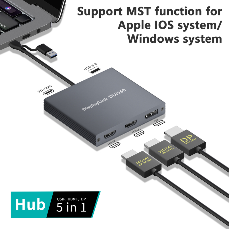 8K Хос HDMI + DP MST USB-C залгах станц | DL6950 чип | 100W PD | USB-A 3.0 | iOS болон Windows-д зориулсан