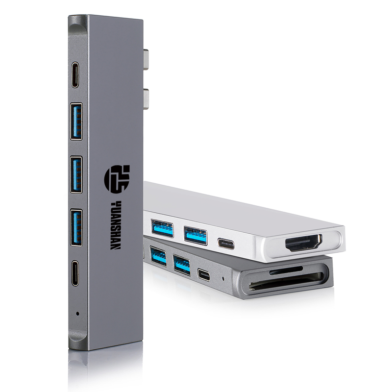 8 IN 2 USB C HUB met HDMI 4K30HZ + Thunderbolt 3 + Tipe C Data + 3 x USB A 3.0 + SD + TF geheuekaartlesergleuf multi-poort adapter koppelstasie vir skootrekenaar macbook