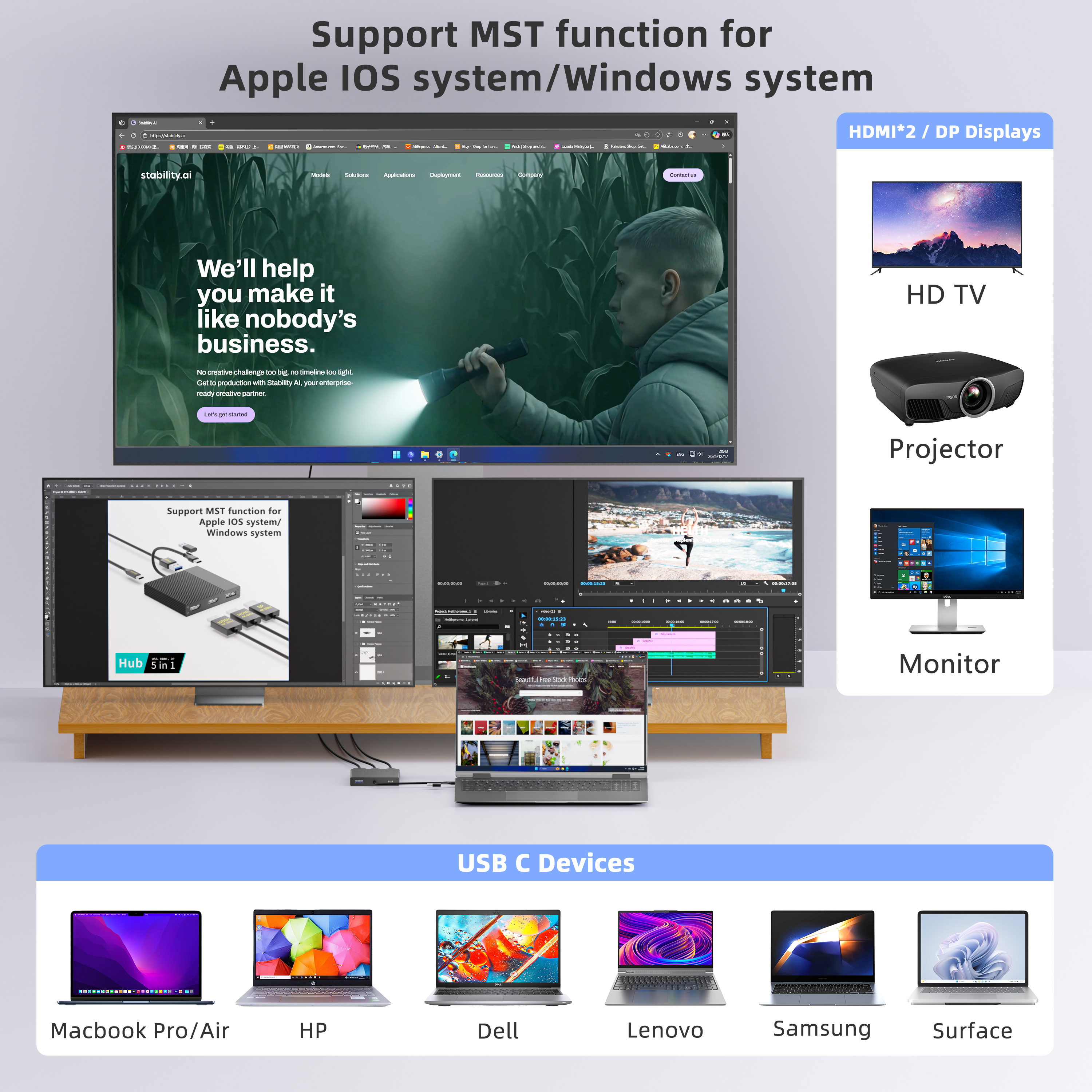 محطة إرساء محور USB-C 5 في 1 8K مزودة بتلفزيون عالي الوضوح وDP مزدوج، وشاشة MST متعددة، وشحن PD بقدرة 100 وات، ومحول USB 3.0