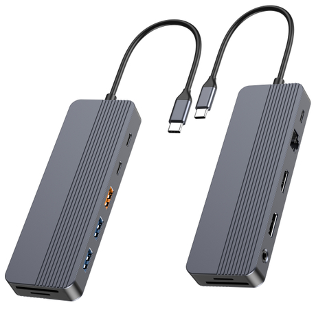 多端口 USB-C 集線器，帶 HDMI 4K@60Hz、DP 4K@60Hz、千兆以太網、100W PD、USB 3.2 和 2.0 端口、SD 和 MicroSD 讀卡器、3.5mm 音頻插孔