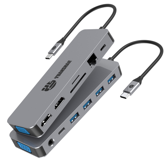 13 IN 1 USB-C-Hubs mit 2 x HDMI 4K 30 Hz + VGA + PD 100 W + Typ-C-Daten + 3 x USB A 3.0 + RJ45 1000 Mbit/s + 3,5 mm Audio + SD + TF-Kartenleser, Multi-Port-Dockingstation