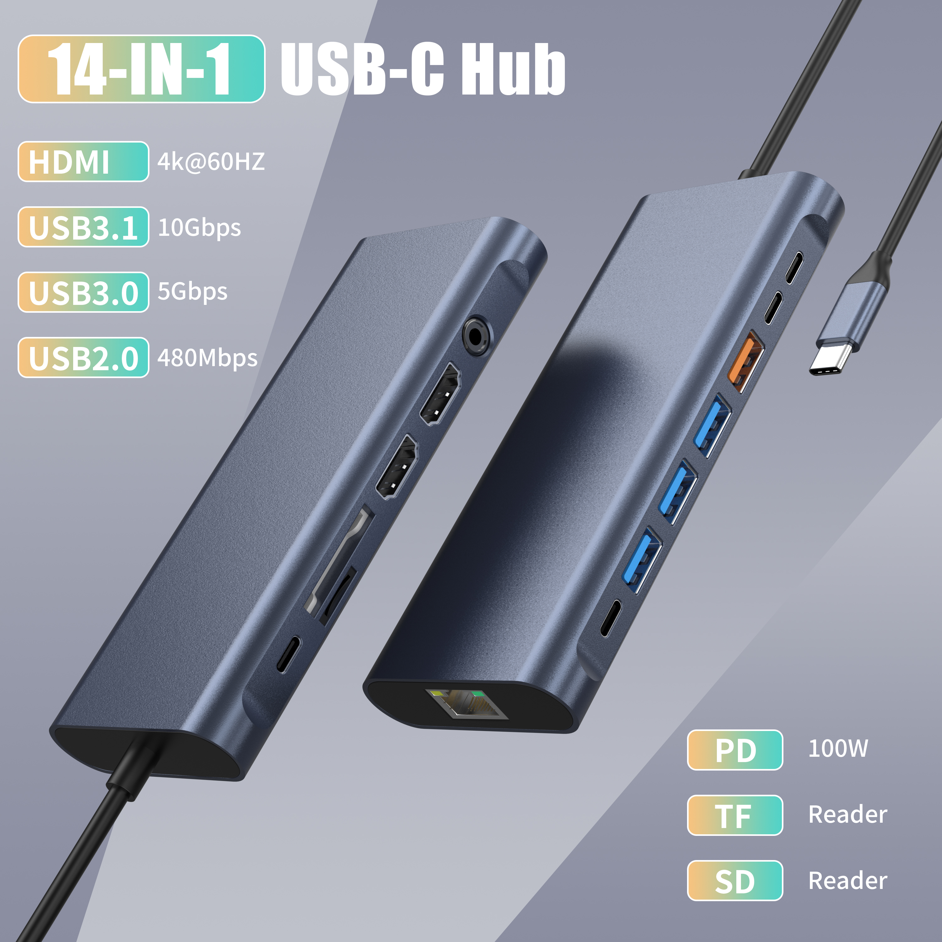Dokovac&iacute; stanice 14 V 1 4K60HZ Dual HDMI RJ45 USB-A 3.1 3.0 2.0 multifunkčn&iacute; Nab&iacute;jen&iacute;+Přenos dat+Videov&yacute;stup+Čtec&iacute; karta+S&iacute;ť+Call Funkce USB C HUB dokovac&iacute; stanice pro notebook/Macbook
