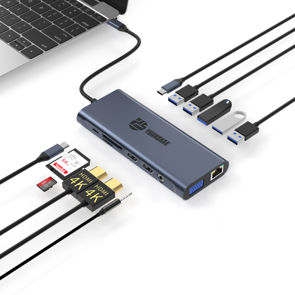 適用於筆記本電腦/Macbook 的 14 合 1 擴展塢 Type C 轉雙 HDMI RJ45 USB-A 3.1 多功能 USB C HUB 擴展塢