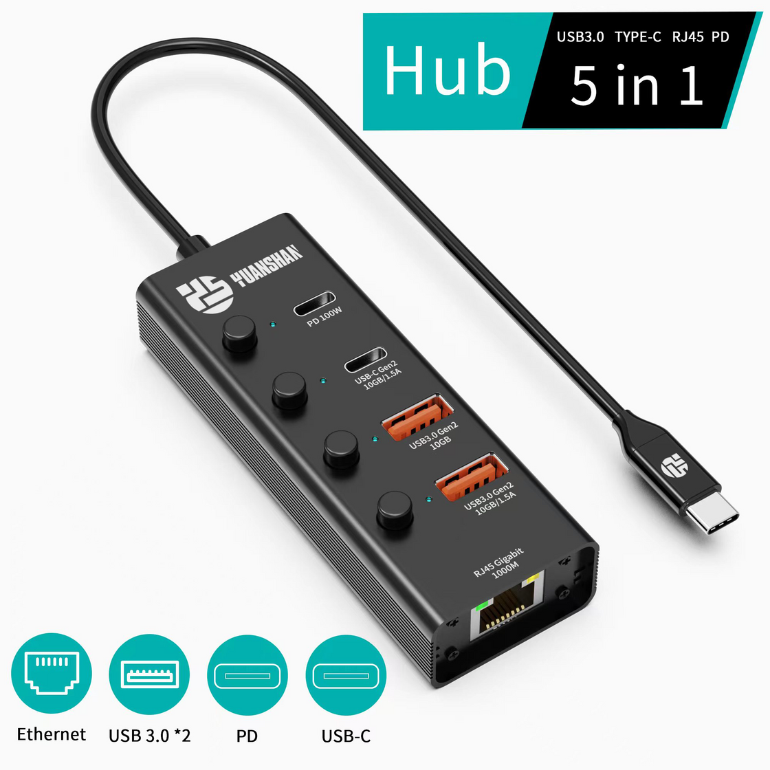 5 合 1 USB-A/C 3.1 10Gbps PD 100W LAN 1000Mbps 快速充電快速數據傳輸多功能 USB C 集線器筆記本電腦分路器擴展塢適用於筆記本電腦
