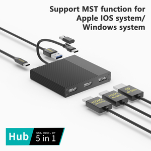 قاعدة توصيل USB-C MST 5 في 1 لأجهزة Mac وWindows، HDMI مزدوج + DP، شاشة 8K، شحن PD بقوة 100 واط