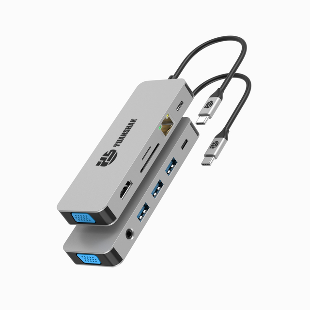 11 合 1 USB C 集線器，帶 HDMI 4K + VGA + PD 100W + Type C 數據 + 3 x USB A 3.0 + RJ45 1000Mbps + 3.5mm AUX + SD + TF 讀卡器多端口擴展塢，適用於筆記本電腦/手機