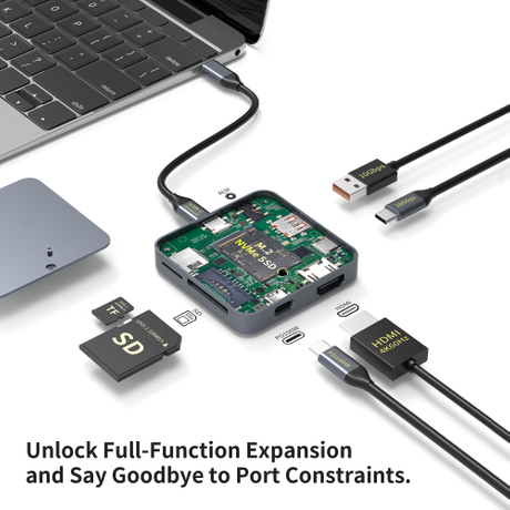 9 合 1 USB C 集線器，帶 M.2 NVMe SSD 插槽 10Gbps，4K60Hz HDTV 100W PD USB-C/USB-A 3.2，SD/TF 讀卡器 磁性設計，適用於手機