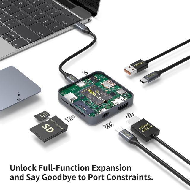 Διανομέας USB C 9 σε 1 με υποδοχή M.2 NVMe SSD 10Gbps, 4K60Hz HDTV 100W PD USB-C/USB-A 3.2, SD/TF Card Reader Magnetic Design για τηλέφωνο