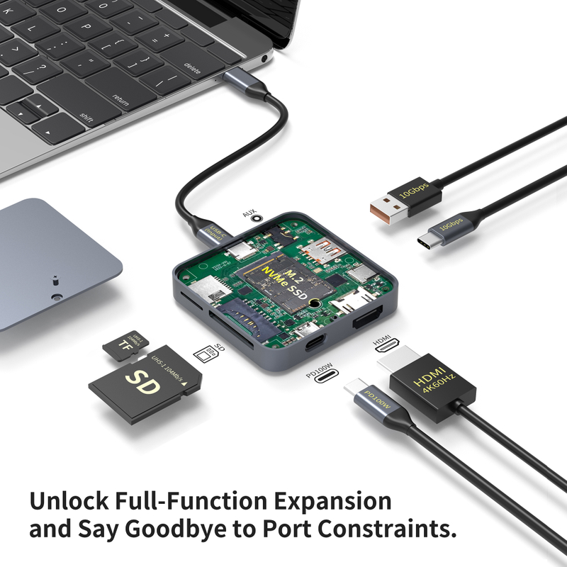 9 合 1 USB C 集線器，帶 M.2 NVMe SSD 插槽 10Gbps，4K60Hz HDTV 100W PD USB-C/USB-A 3.2，SD/TF 讀卡器 磁性設計，適用於手機
