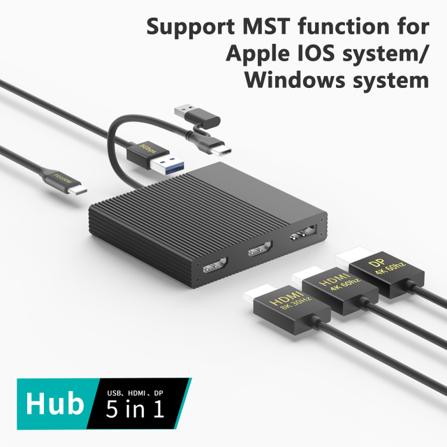 5-i-1 8K USB-C Hub-dockingstation med dobbelt HDTV og DP, MST Multi Display, 100W PD-opladning, USB 3.0-adapter
