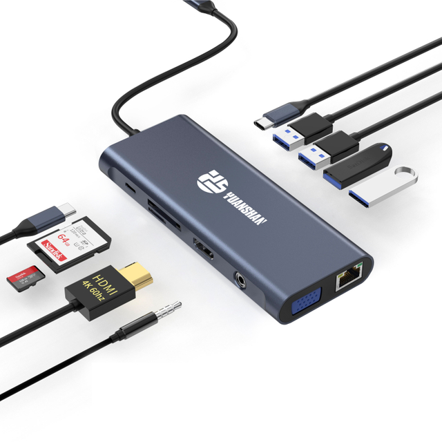 12 合 1 USB C 集線器，帶 HDMI 4K 60HZ + DP + PD 100W + Type C 數據 + 3 x USB A 3.0 + USB A 2.0+ RJ45 1000Mbps + 3.5mm 音頻 + SD + TF 讀卡器多端口擴展塢