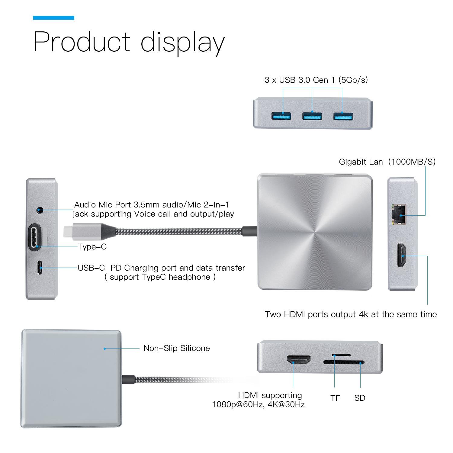 هاب USB-C 9 در 1 با دو HDMI 4K، اترنت گیگابیت، PD 100 وات، درگاه‌های USB 3.0، کارت‌خوان‌های SD/TF - ایستگاه اتصال لپ‌تاپ MacBook/Windows