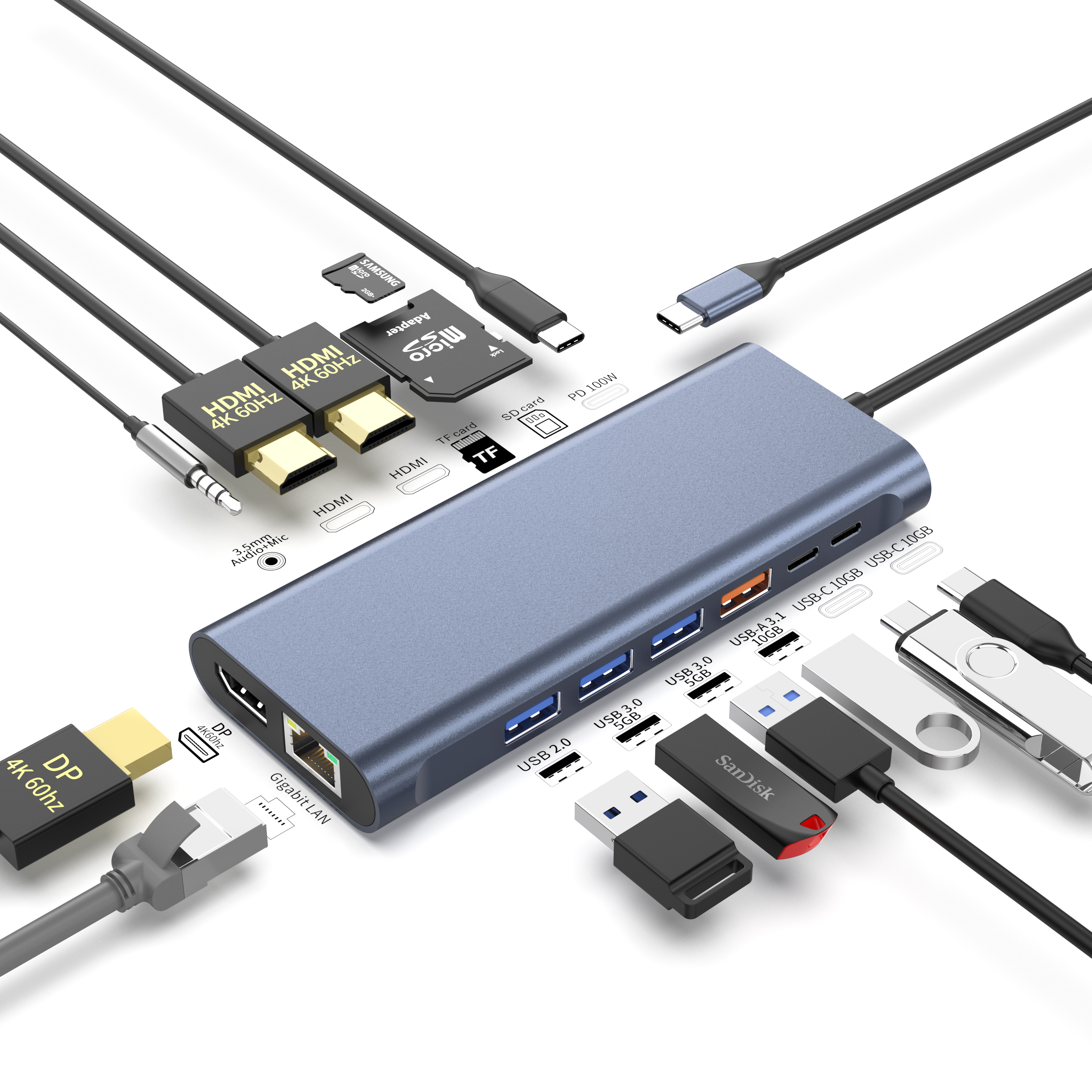 14 IN 1 Docking station 4K60HZ Dual HDMI DP RJ45 USB-A 3.1 3.0 2.0 USB-C 3.1 Mandantes+ Data Transfer+Video Output+ Lector Card+Network+Call Function USB C HUB stationem docking pro laptop/Macbook